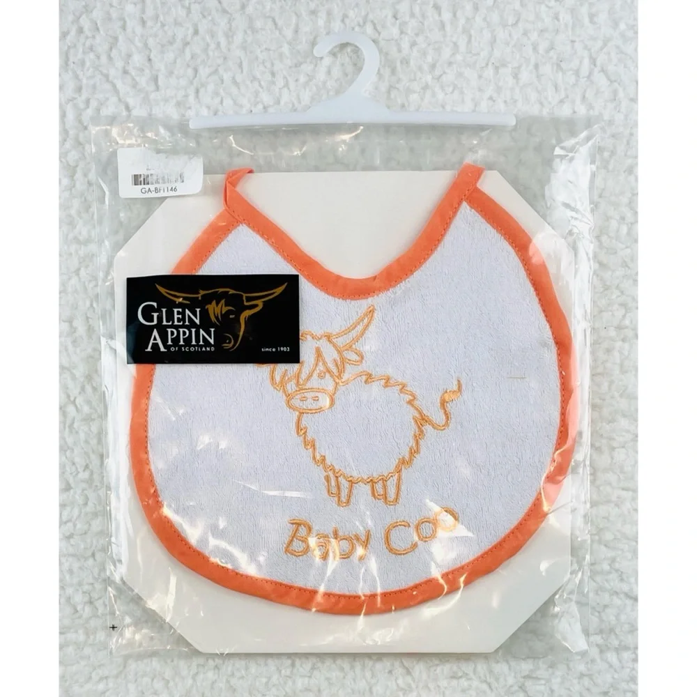 (NWOT) GLEN APPIN • Orange/White Scottish Highland Cow Embroidered Baby Bib